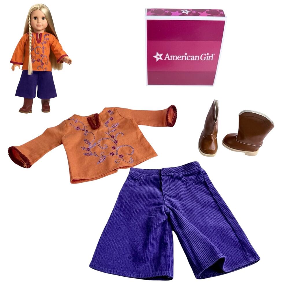 American Girl Doll Julie Casual Outfit Tunic Top Purple Gauchos Pant Boots Box